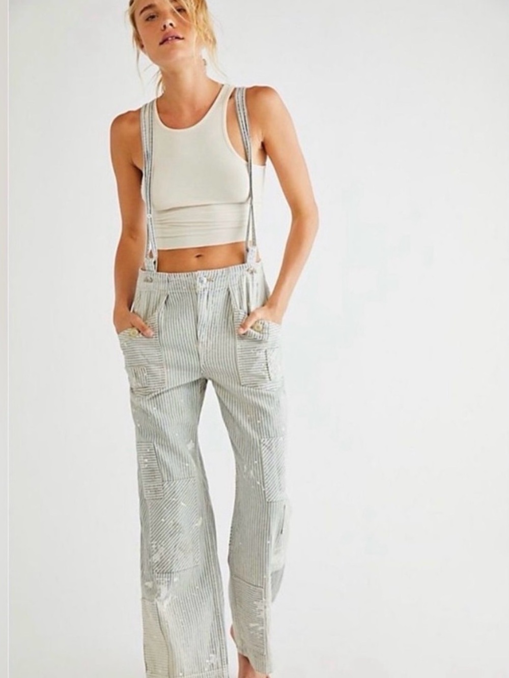 Free People We The Free Always & Forever Overalls Striped Carpenter Large NWOT